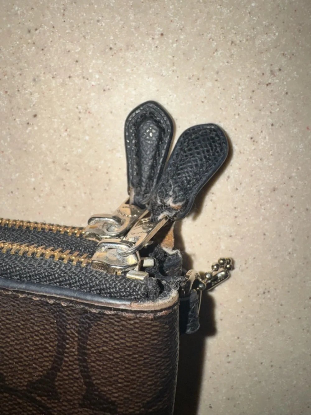 Coach Dark Brown Double Zip Pouch Wallet with Gold Logo